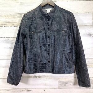 Dress Barn Womens Black Alligator Snakeskin Mandarin Collar Snap Jacket Size PXL